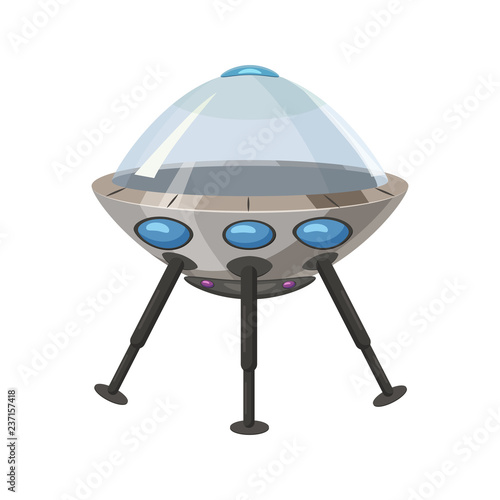 Ufo flying spaceship isolated on white cartoon style. Alien transport futuristic. Vector illustration, baner, poster