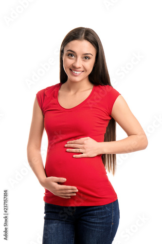 Beautiful pregnant woman on white background © Pixel-Shot