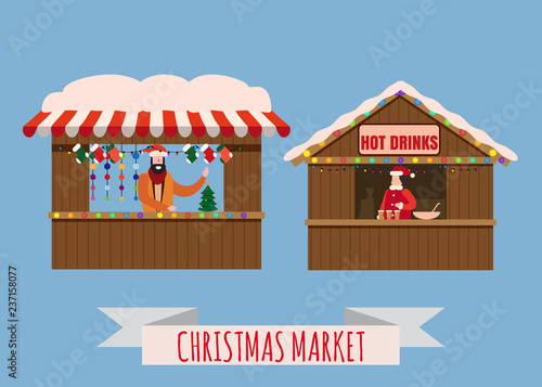 Christmas market stalls, canopy seller with with New Year decorations, gifts. Xmas bakery, bread shops with bagel, ciabatta, baguette and mulled vine, coffe, tea. Christmas fair wooden kiosks vector