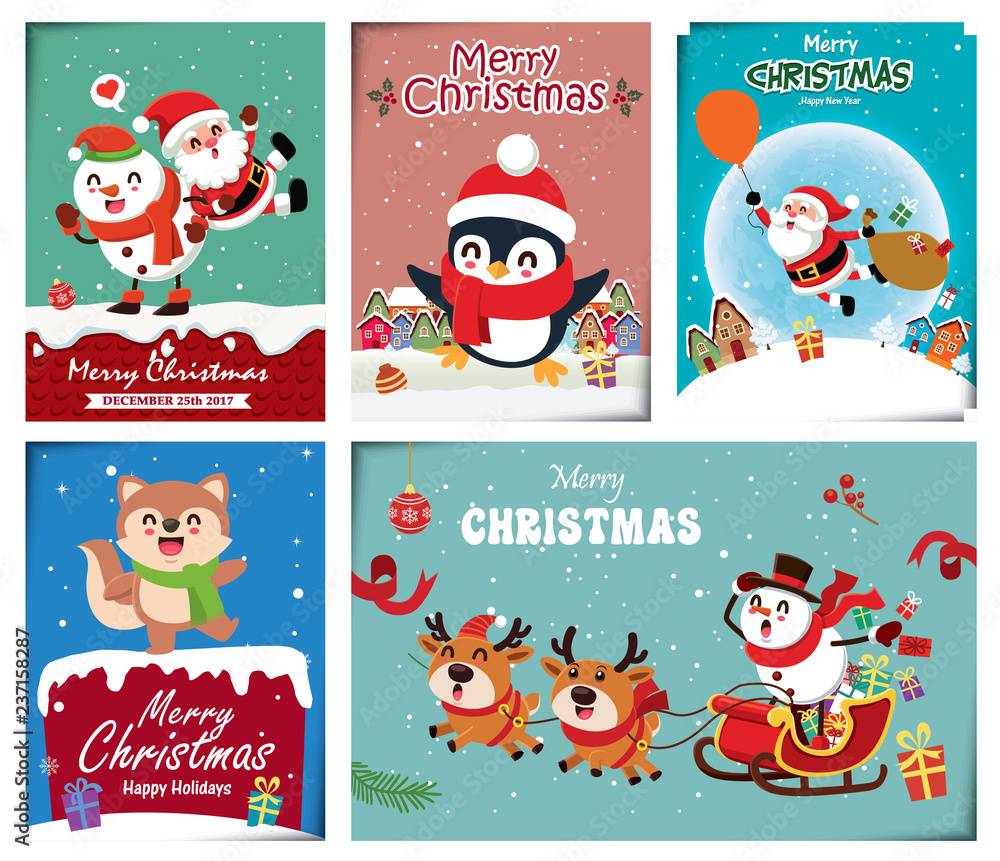 Fototapeta premium Vintage Christmas poster design with vector snowman, reindeer, penguin, Santa Claus, elf, characters.