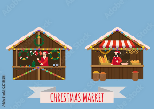 Christmas market stalls, canopy seller with with New Year decorations, gifts. Xmas bakery, bread shops with bagel, ciabatta, baguette and wreath, balls, ate, decoration. Christmas fair wooden kiosks