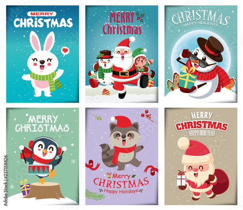 Vintage Christmas poster design with vector snowman, reindeer, penguin, Santa Claus, elf, rabbit, raccoon, characters.