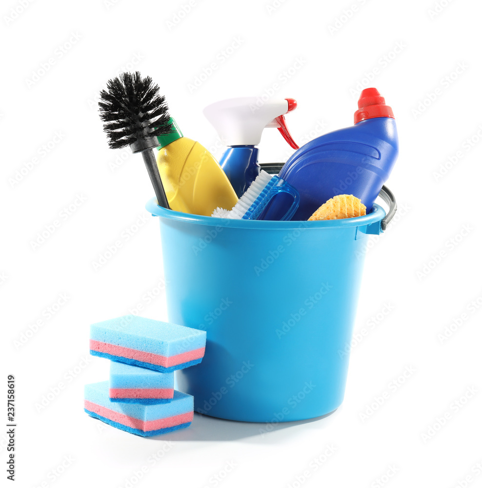 Bucket with cleaning supplies on white background Bucket with cleaning supplies on white background