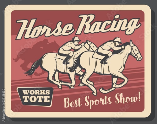 Horse racing retro poster of equestrians on track
