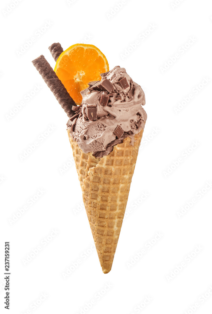 Waffle cone with delicious ice cream on white background Waffle cone with delicious ice cream on white background