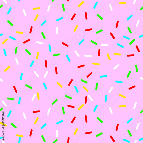 vector Seamless background with pink donut glaze. Decorative bright sprinkles texture pattern design