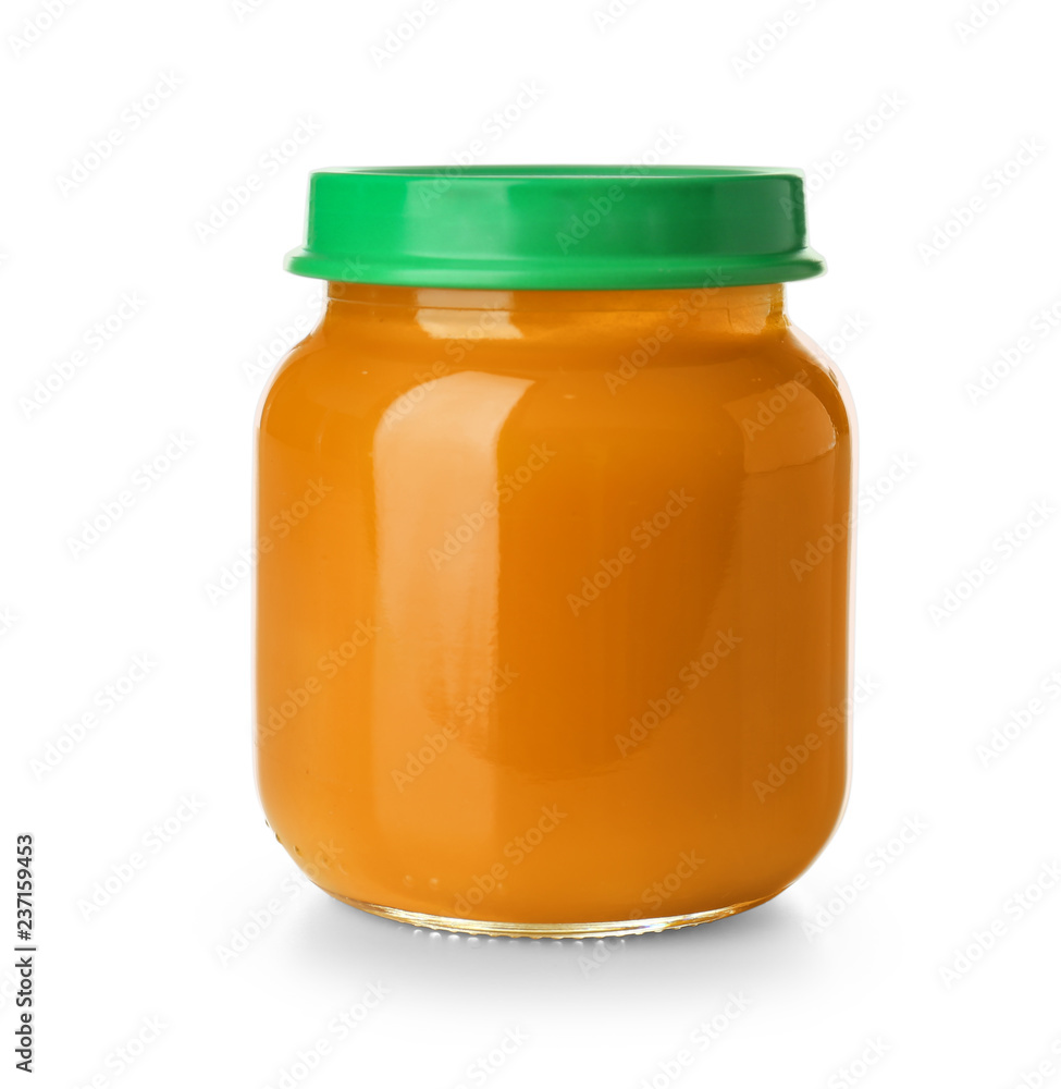 Glass jar with healthy baby food on white background Glass jar with healthy baby food on white background