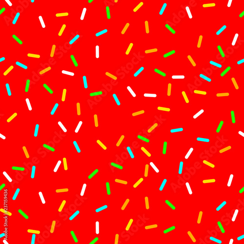 vector Seamless background with red donut glaze. Decorative bright sprinkles texture pattern design