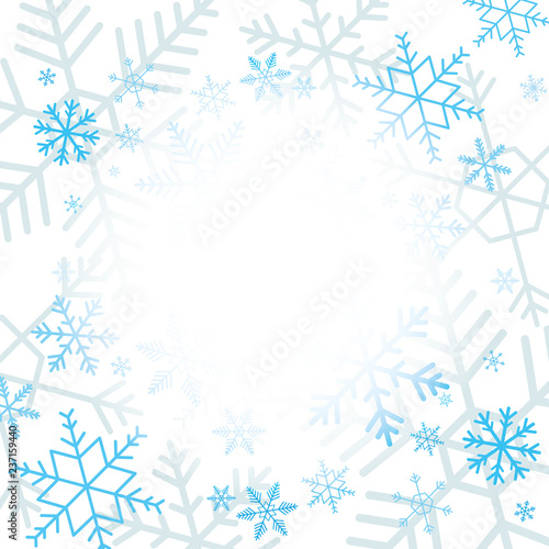 Blue snowflakes on white background with blank area for your message. Snowflakes in diffrent shapes. Snow flakes, snow background, winter concept.
Christmas invitation card design.