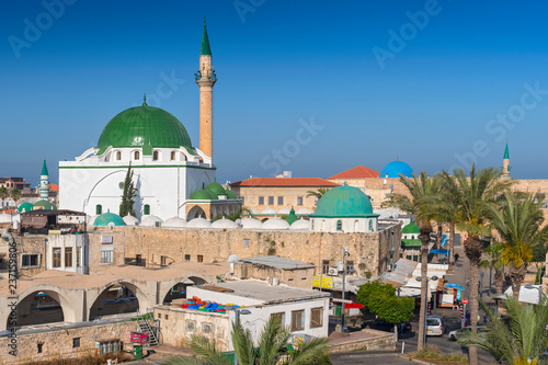 Street scene and the Al Jazzar Mosque in the old city of Akko (Acre), Israel.