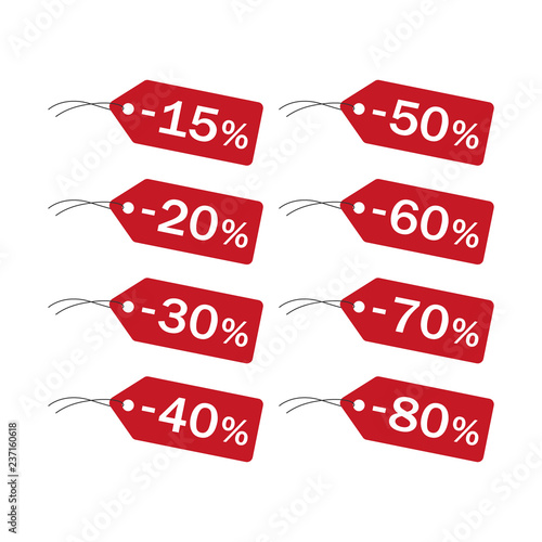 Discount price tag vector icons. Red discount price badge 15, 20, 50 percent off sale set of icons.