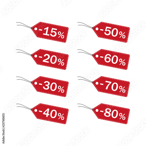 Discount price tag vector icons. Red discount price badge 15, 20, 50 percent off sale set of icons.