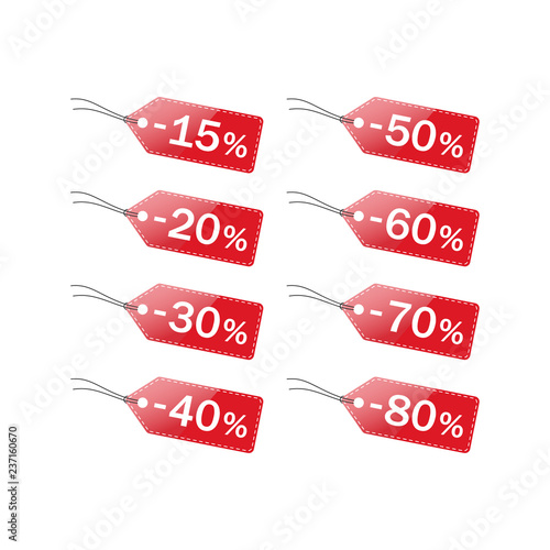 Discount price tag vector icons. Red discount price badge 15, 20, 50 percent off sale set of icons.