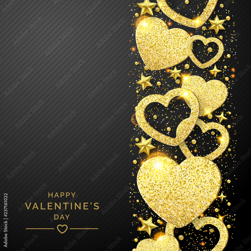 Valentines Day Background With Hearts Confetti. Glitter Gold And