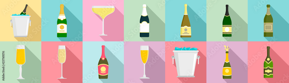 Champagne icon set. Flat set of champagne vector icons for web design