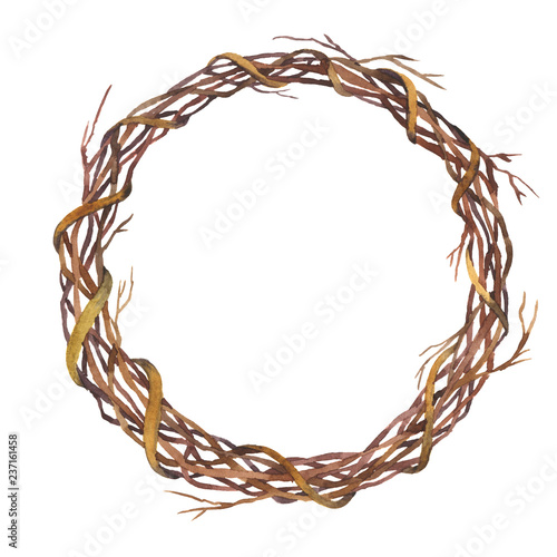 Christmas wreath with dry branches isolated on white background. Hand drawn watercolor illustration.