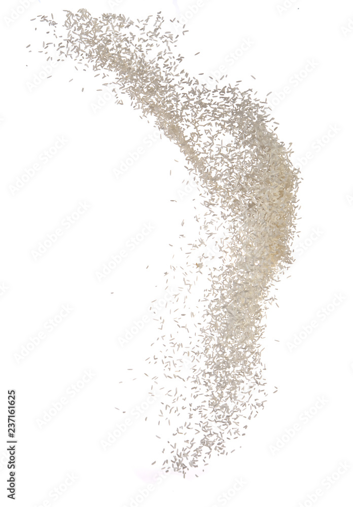 Raw white rice explosion isolated on white,Motion blur