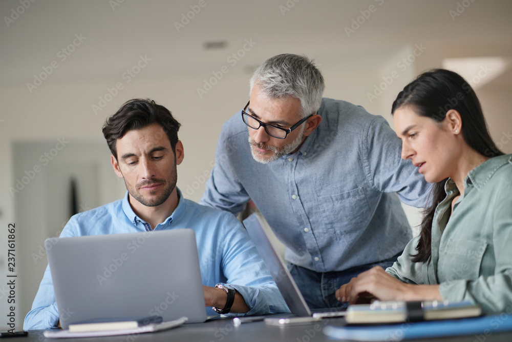 Young colleagues with older boss working with computers Young colleagues with older boss working with computers