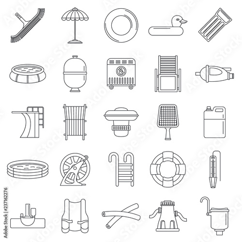 Swimming equipment icon set. Outline set of swimming equipment vector icons for web design isolated on white background