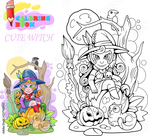 cartoon cute witch sitting on a pumpkin, coloring book, funny illustration