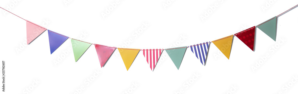 Paper party flags for decoration and covering on white background.