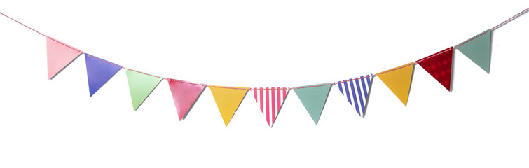 Paper party flags for decoration and covering on white background.