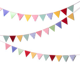 Paper party flags for decoration and covering on white background.