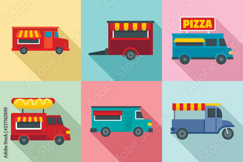Food truck icon set. Flat set of food truck vector icons for web design