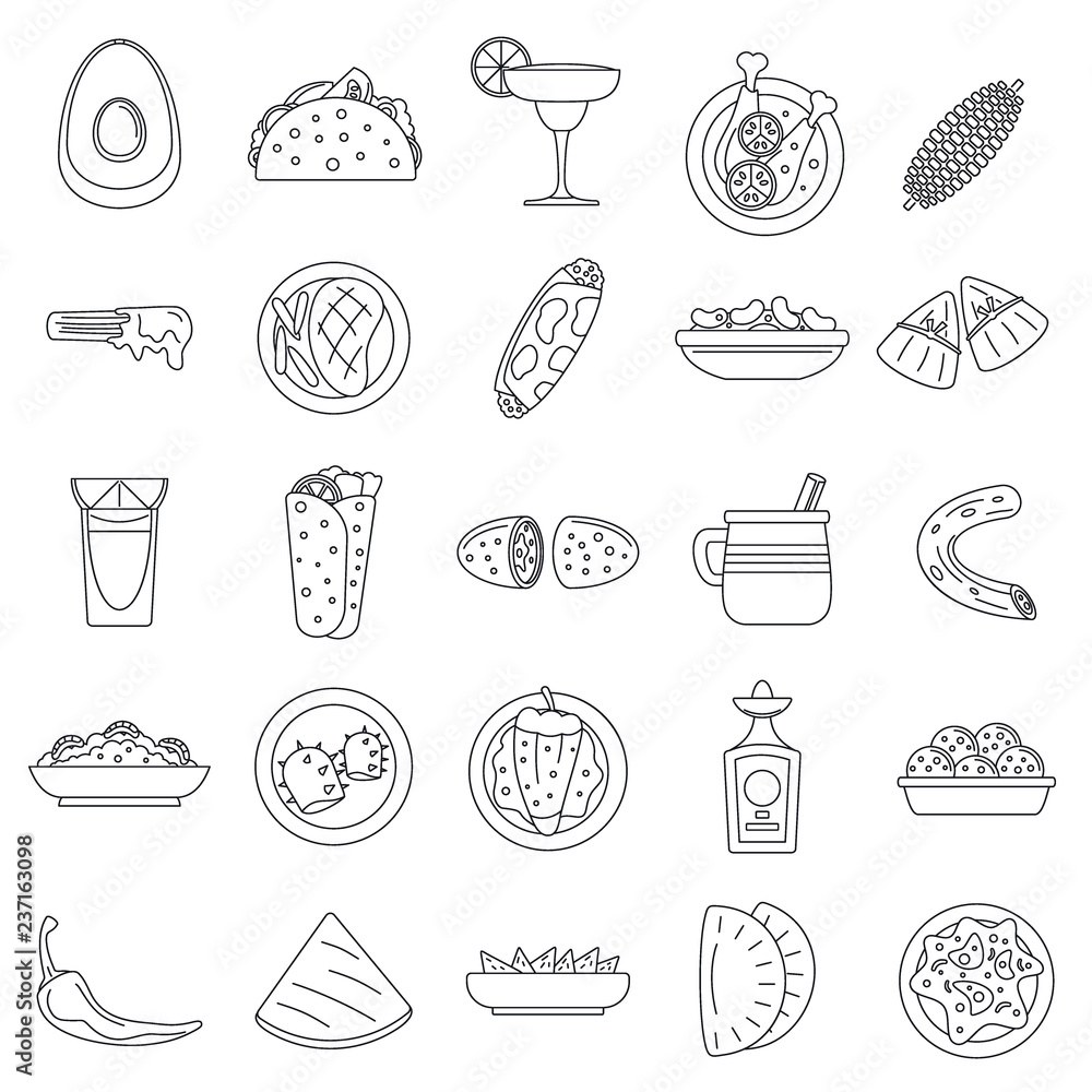 Healthy mexican food icon set. Outline set of healthy mexican food vector icons for web design isolated on white background