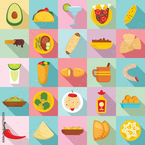 Mexican food icon set. Flat set of mexican food vector icons for web design