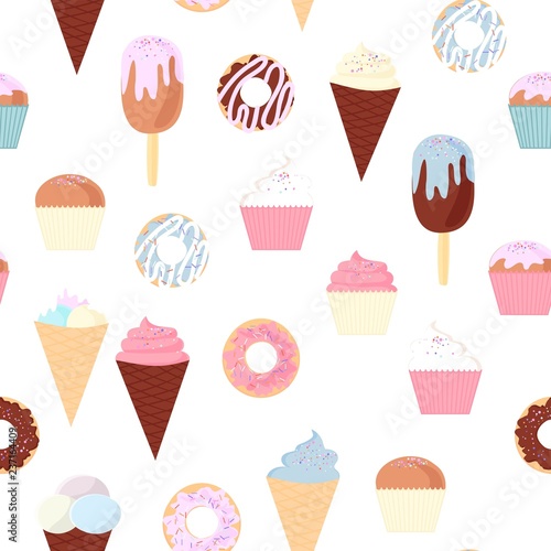 pattern from a set of colorful delicious cupcakes, cakes, desserts, ice cream and donuts. Cupcake icons, flat style. Vector. elements for the new year, holiday cards, greeting cards