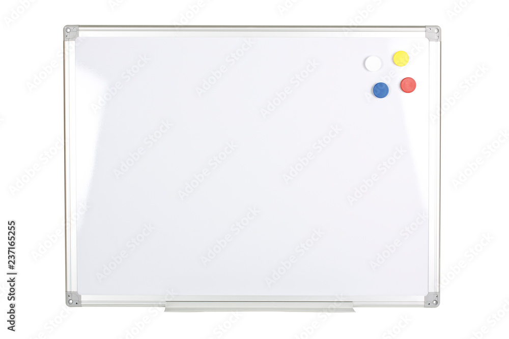 Whiteboard with magnetized color buttons isolated on white background. Whiteboard with magnetized color buttons isolated on white background.