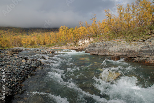 Autumn river landscape in a mountain landscape. Abisko national park in Sweden.