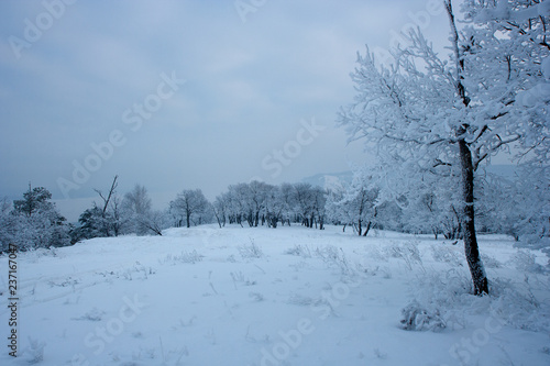 The view on the Volga river and Zhiguli hills near Zhigulevsk city in winter. © Alexander Goy
