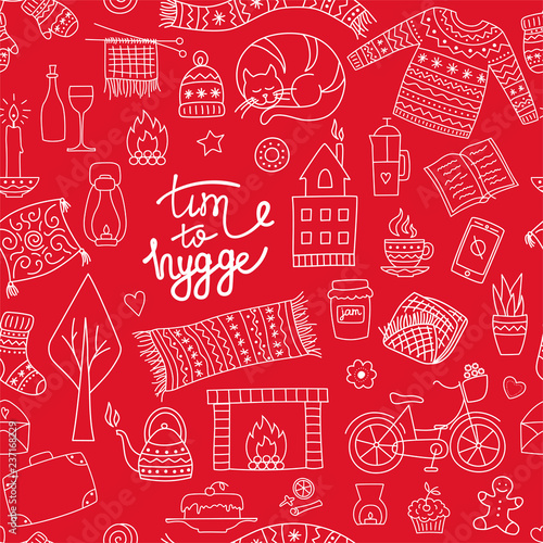 Hand drawn seamless pattern with hygge elements