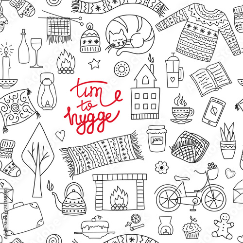 Hand drawn seamless pattern with hygge elements
