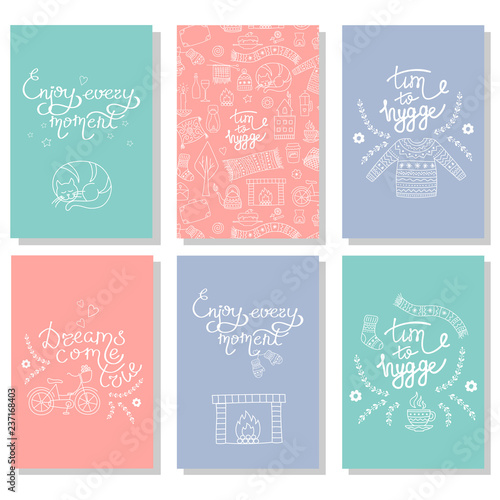 Hygge cards with hand drawn cozy home illustrations