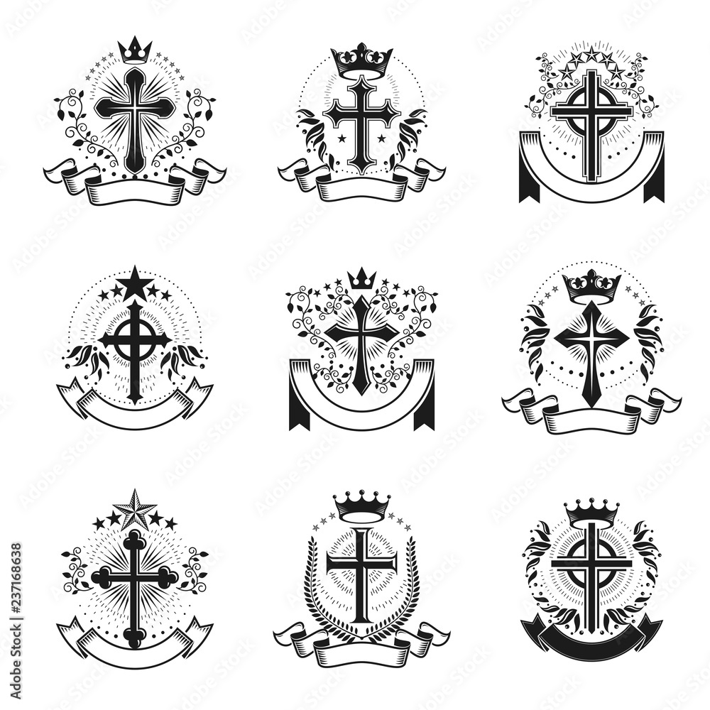 Fototapeta premium Christian Crosses emblems set. Heraldic Coat of Arms decorative logos isolated vector illustrations collection.