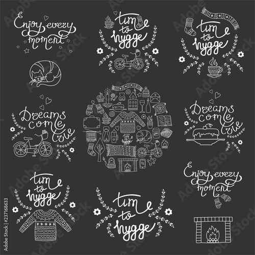 Hygge backgrounds with hand drawn cozy home illustrations