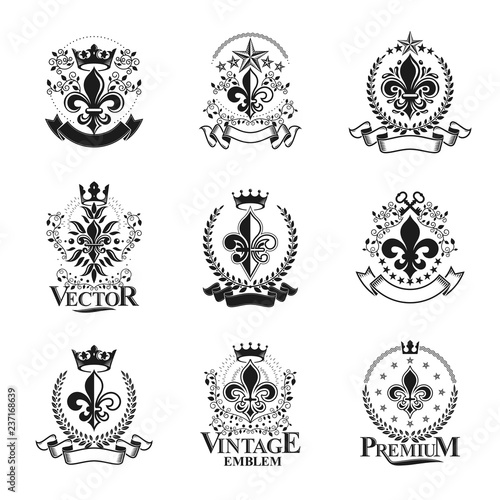 Lily Flowers Royal symbols emblems set. Heraldic Coat of Arms decorative logos isolated vector illustrations collection.