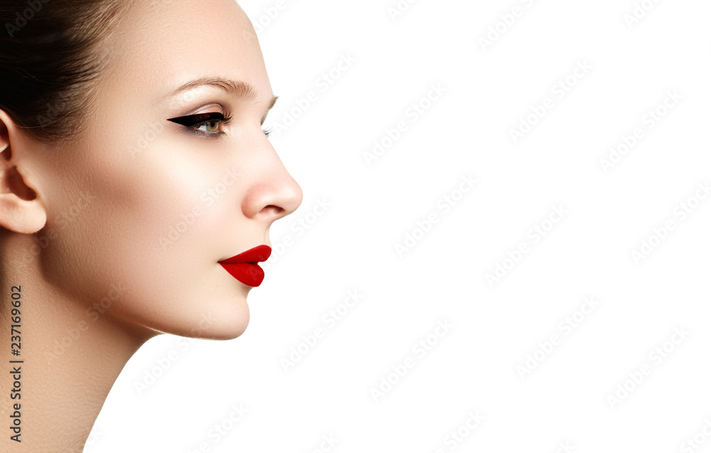 Beautiful fashion woman model face portrait with red lipstick. G Beautiful fashion woman model face portrait with red lipstick. G