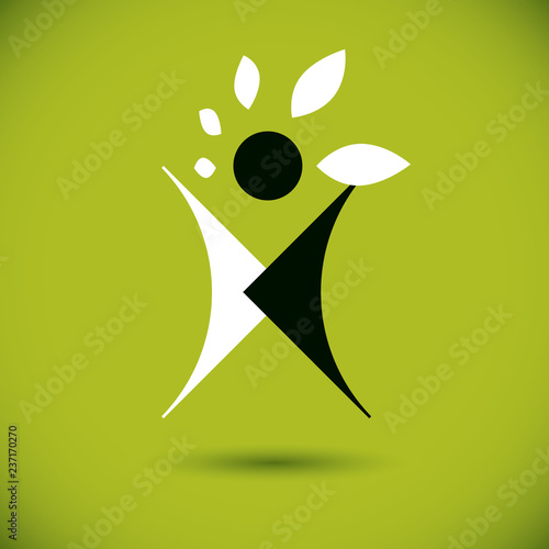 Vector illustration of excited abstract  man with raised reaching up. Go green idea creative logo. Healthy lifestyle metaphor. Vegetarian theme icon.