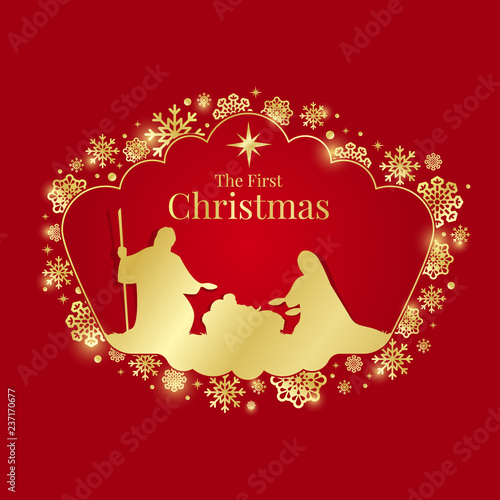 The first Christmas r sign with Gold Nightly christmas scenery mary and joseph in a manger with baby Jesus and Meteor in snow frame on red background vector design