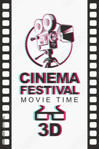 Vector banner for 3D cinema festival with blurred image of old-fashioned movie projector and 3D glasses on the background of film strip. Movie time. Can be used for flyer, banner, poster, web page