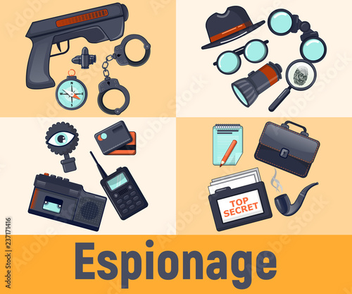 Espionage concept banner. Cartoon banner of espionage vector concept for web, giftcard and postcard
