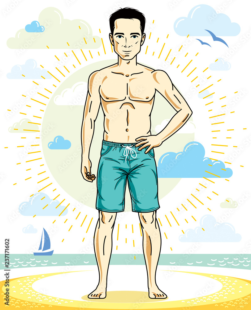 Handsome man adult standing on tropical beach in bright shorts. Vector nice and sporty man illustration. Summertime theme clipart.