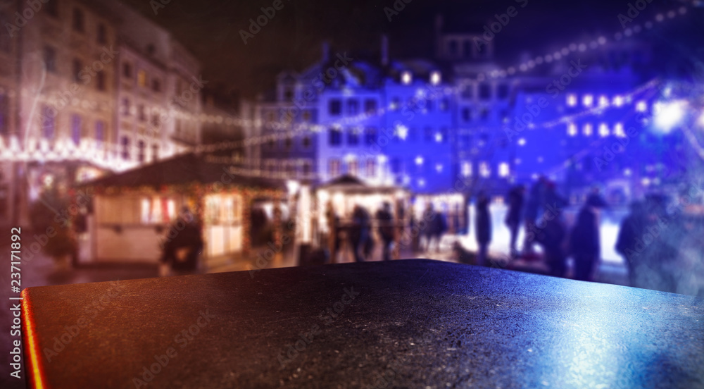 Table background of free space and christmas market 