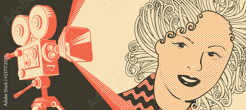 Vector banner on the theme of movie and cinema with old film projector and girl's face in retro style. Can be used for flyer, poster, ticket, web page, background