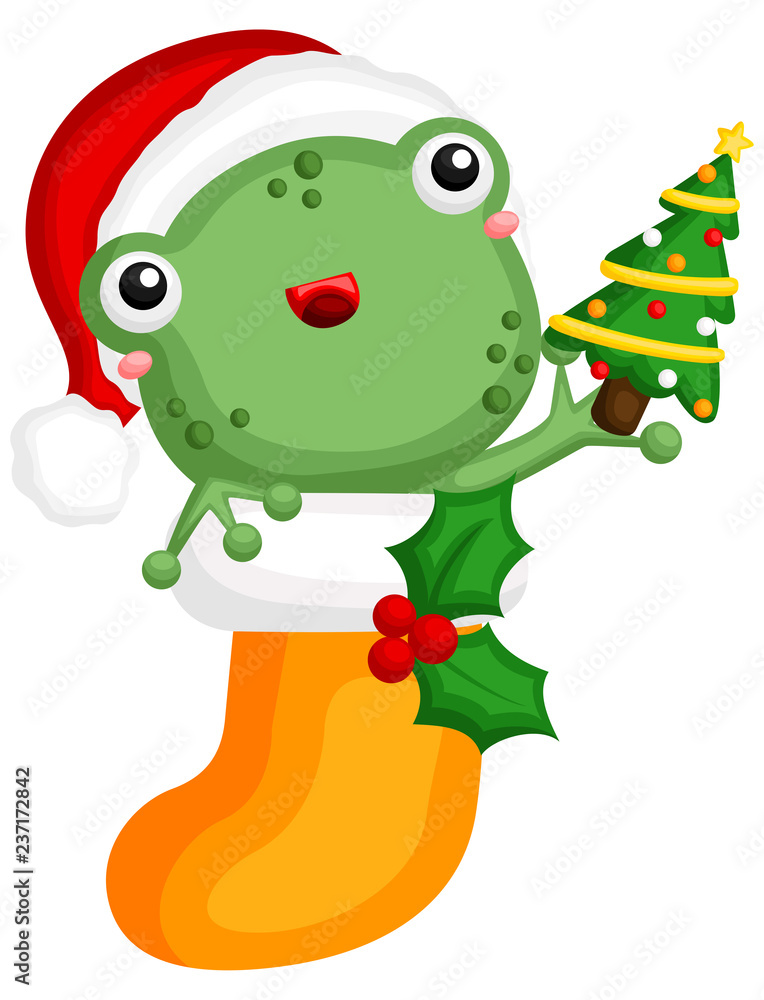 A vector of cute little frog hiding inside christmas sock holding a little  tree Stock Vector