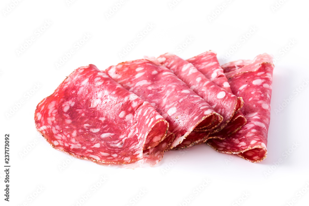 Fototapeta premium fresh salami sausage slices isolated on white background